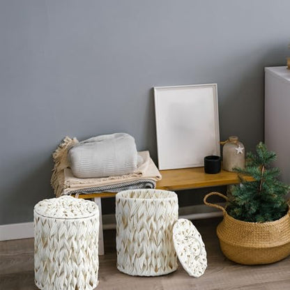 Ctosree 1.3 Gal Boho Woven Trash Can with Lid, Cream White | Braided polypropylene waste basket with handle and 100 garbage bags for bathroom, bedroom, office, or laundry. - color: Cream White, style: Round