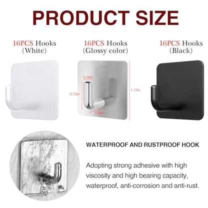 16PCS Bath Towel Hooks, Self Adhesive Hook, Waterproof Self Adhesive Shower Wall Hooks for Bathroom Kitchen Door Window Cabinet, Stainless Steel(Black - Square)