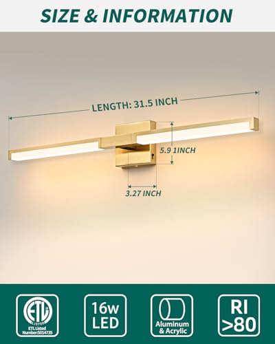 32 Inch Bathroom Vanity Light Fixtures, Gold Modern Light Fixtures Over Mirror, 16W 5CCT Dimmable Wall Light - color: Gold - 1Pack, size: 32 inch