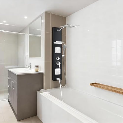 Shower Panel Tower System with Shelf, Tub Spout, Total 4 Body Spray & 5 Handheld Settings, Adjustable Height, Rainfall + Waterfall Shower Head Body Jet Massage