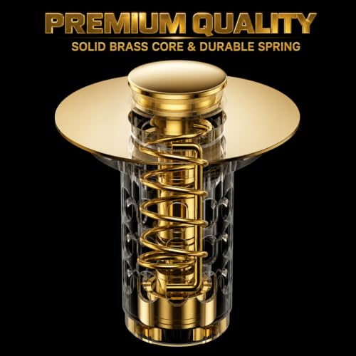 Snailhouse Bathroom Sink Stopper, Stainless Steel Pop Up Anti Clog Bathroom Sink Drain Strainer Plug with Brass Core and Removable Hair Catcher, Gold
