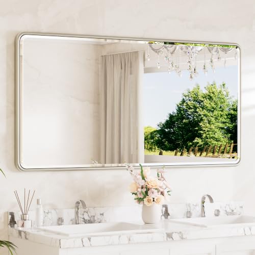Brushed Nickel Vanity Mirror for Bathroom 60 x 30 Beveled Edge Tempered Glass, Rounded Corner Rectangle Wall Mirror for Modern Bathroom, Living Room, Bedroom, Entryway - color: Brushed Nickel, size: 30"L x 60"W