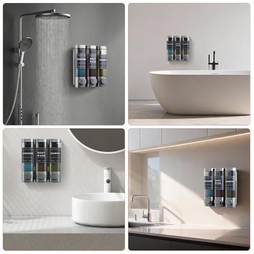 Shampoo and Conditioner Dispenser,Shower Soap Dispenser 3 Chamber No Drill Wall-Mounted for Bathroom & Hotel Leak-Proof Pumps, for Thick Liquids Like Conditioner - 1050ML High Capacity, Gun Gray - color: Gun Gray