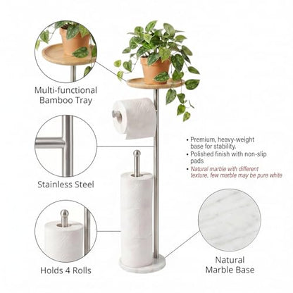 Toilet Paper Holder Stand with 7.9" Big Bamboo Tray, 2.2Lbs Heavier Marble Base, Floor Standing Paper Holder Stand with Phone Shelf, Reserve for 4 Rolls (Brushed Nickel) - color: Brushed Nickel