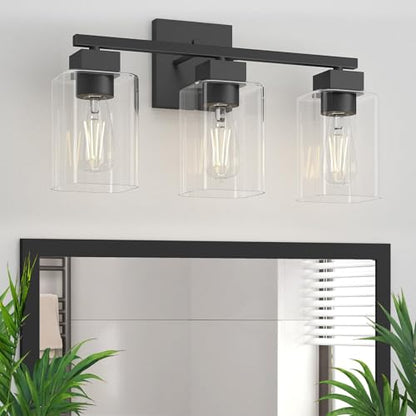 Matte Black Bathroom Vanity Light, 3-Light Vanity Lighting fixtures Over Mirror, Square Design & UL Certification, Wall Sconces with Clear Glass Shades, E26 Socket (Bulbs Not Included) - color: Black, size: 3 Light