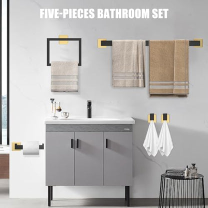 5 Piece Black and Gold Towel Bar Set - Gold and Black Bathroom Accessories with 2 Towel Hook, Stainless Steel Wall Mounted Bathroom Towel Rack Set - Square 16-Inch - color: Black and Gold, size: 16 IN