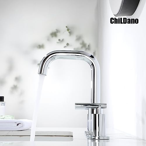 ChiLDano Bathroom Faucet 3 Hole, 2 Handle Chrome Bathroom Sink Faucet | Chrome 3 Hole Sink Faucet with Sink Drain and Water Faucet Supply Hose, Polished Silver Bathroom Water Faucets CH3166CP - color: Chrome