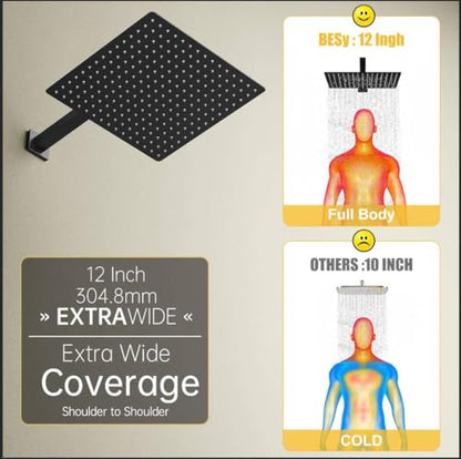 12 Inch Rain Shower Head, 12" Square Rainfall & High Pressure Stainless Steel Bath Showerhead, 1/16" Ultra Thin, Waterfall Full Body Coverage with Silicone Nozzle, Matte Black Finish | Square Rain Bathroom Showerhead, High Flow, Large Stainless Steel, Cei