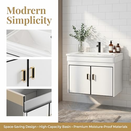 20 Inch Wall Mounted Bathroom Vanity with Sink, Modern Floating Bathroom Cabinet with Integrated Ceramic Basin, Soft Close Double Doors, Complete Faucet & Plumbing Hardware Set for Small Bathroom