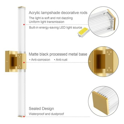 Ralbay 24inch Gold Bathroom Vanity Light Bar 22W Modern LED Vanity Lights Gold Bathroom Wall Mounted Light Fixtures Over Mirror(5500K White Light) - color: Gold, size: 24 inch
