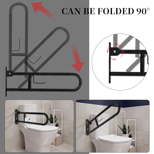 Toilet Grab Bar 32 Inch,YuanDe Matte Black Anti-Slip U-Flip-Up Handrails | Stainless Steel,Knurled Grip, Paper Holder, Toilet-Side Use, Sit/Stand Assistance, Elderly/Disabled/Pregnant Safety Assist - color: Matte Black, size: 32 IN