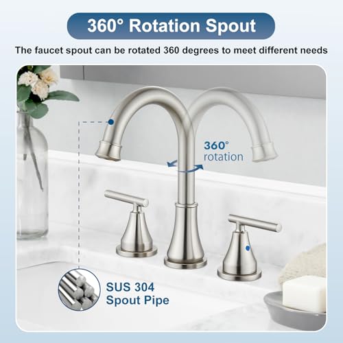 Widespread Bathroom Faucet 3 Hole, 8 inch Bathroom Sink Faucet with Pop-up Drain and Supply Lines, Two Handles, Stainless Steel, Brushed Nickel - color: Brushed Nickel