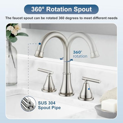 Widespread Bathroom Faucet 3 Hole, 8 inch Bathroom Sink Faucet with Pop-up Drain and Supply Lines, Two Handles, Stainless Steel, Brushed Nickel - color: Brushed Nickel
