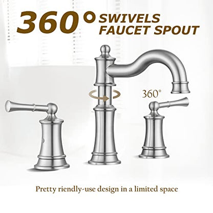 Roman Bathroom Sink Faucet Deck Mount or Wall Mount Installation Pop-up Drain Assembly with Overflow Deck Plate and Water Supply Lines Included (3 Hole Deck Mount, Brushed Nickel) - color: Brushed Nickel, style: 3 Hole Deck Mount