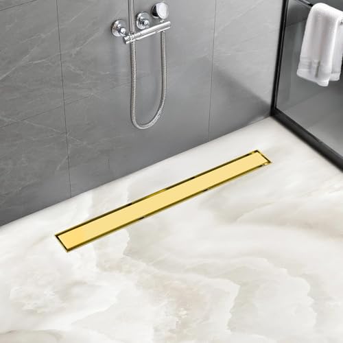 Linear Shower Drain 18 inch Brushed Gold with Tile Insert Grate | AISI 304 Stainless Steel Brushed Gold Linear Drain Rectangle Shower Floor Drain with Hair Strainer and Leveling Feet - color: Gold, size: 18 inch