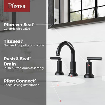 Pfister Capistrano Widespread 3 Hole Matte Black Bathroom Sink Faucet with 2 Handles Push & Seal Drain NSF Certified Spot Defense Finish Farmhouse Style Vanity LF049CSOSDB - color: Spot Defense Matte Black, size: 1 Pack