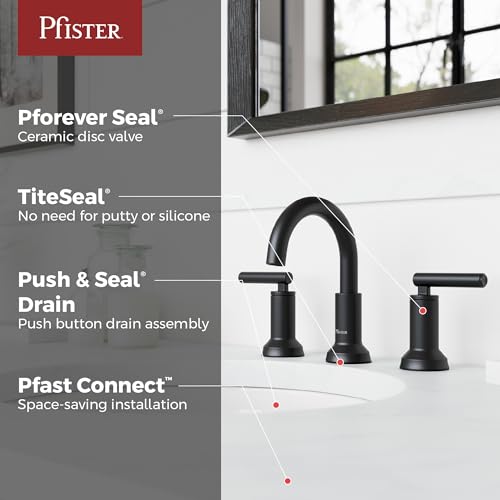 Pfister Capistrano Widespread 3 Hole Matte Black Bathroom Sink Faucet with 2 Handles Push & Seal Drain NSF Certified Spot Defense Finish Farmhouse Style Vanity LF049CSOSDB - color: Spot Defense Matte Black, size: 1 Pack