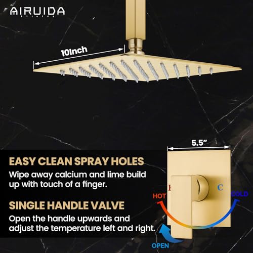 Airuida 10 Inch Brushed Gold Shower Faucet Set,Rainfall Shower System | Ceiling Shower Head,Male Thread Rough-in Valve,Ceiling Mount,Single Handle - color: Brushed Gold, size: 10 Inch