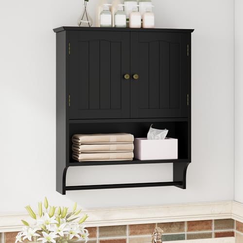 Black Bathroom Cabinet with Towel Rack, Bathroom Wall Cabinet with 2 Doors and Adjustable Shelf, Medicine Cabinet Wall Mount, Over The Toilet Storage - color: Black Bathroom Cabinet With Towel Rack