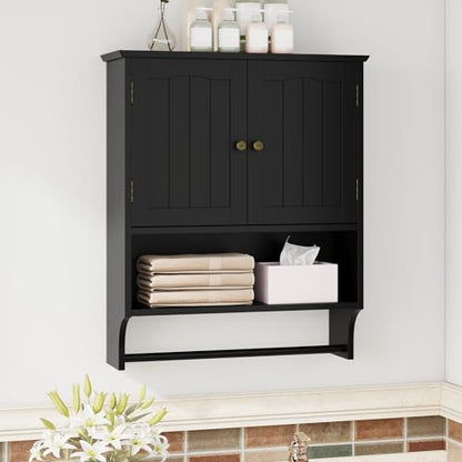 Black Bathroom Cabinet with Towel Rack, Bathroom Wall Cabinet with 2 Doors and Adjustable Shelf, Medicine Cabinet Wall Mount, Over The Toilet Storage - color: Black Bathroom Cabinet With Towel Rack