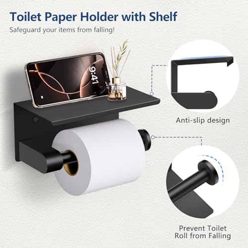 TQKAG Bathroom Hardware Set Black, 5 Piece Bathroom Towel Bar Holder Sets | SUS304 Stainless Steel, 23.6" Toilet Paper Holder with Shelf, Towel Racks for Bathroom Wall Mounted, Matt Black Towel Bars - color: Matte Black, size: 5-Pieces Set-A