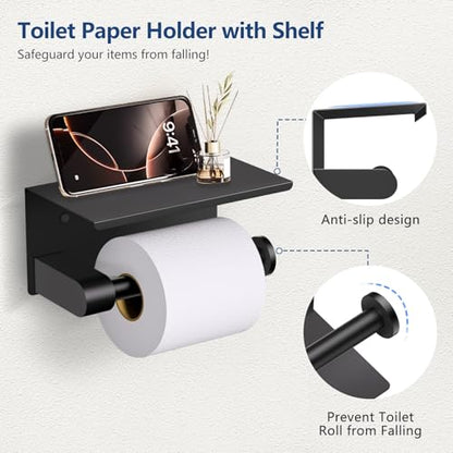 TQKAG Bathroom Hardware Set Black, 5 Piece Bathroom Towel Bar Holder Sets | SUS304 Stainless Steel, 23.6" Toilet Paper Holder with Shelf, Towel Racks for Bathroom Wall Mounted, Matt Black Towel Bars - color: Matte Black, size: 5-Pieces Set-A
