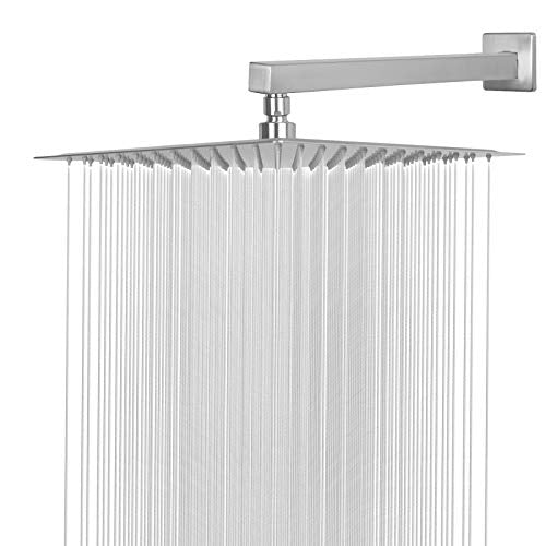 Shower Head with Extension Arm, High Pressure Square with ShowerArm, Stainless Steel Rainfall-Waterfall Full Body Coverage (12'' Shower with 16'' Arm, Brushed Nickel) - color: Brushed Nickel, size: 12'' Shower with 16'' Arm