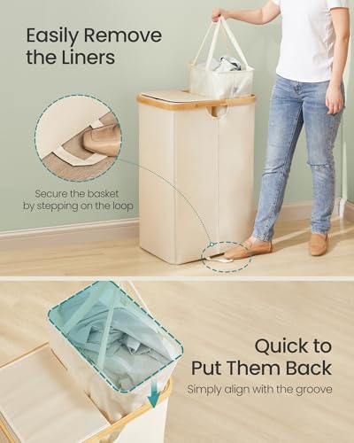 SONGMICS Laundry Hamper with Lids, Laundry Basket with 2 Compartments, 39 Gal. (150 L), Removable Liner Bag, for Laundry Room, Bedroom, Living Room, Cream White and Light Bamboo ULCB523W01 - color: Cream White, size: 150L (2-Section with Double Lid)