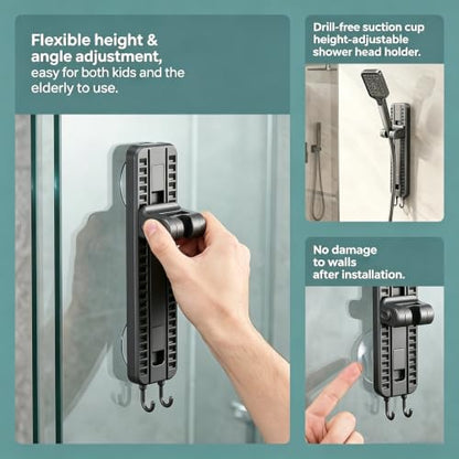 Shower Head Holder with Suction Cup, Removable Adjustable Height and Angle Handheld Shower Holder for Bathroom,Wall Mount,Waterproof，Powerful Suction, No Drill Installation