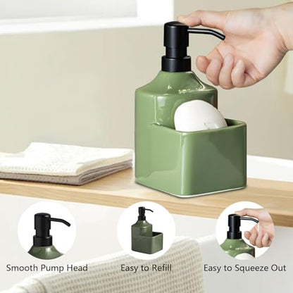 Gets Soap Dispenser Green Ceramic Pump Bottle with Storage Holder | Countertop Liquid Hand Wash Bottle with Organizer Tray for Bathroom, Kitchen, Refillable Modern Dispenser for Vanity Sink - size: Green With Sponge Holder
