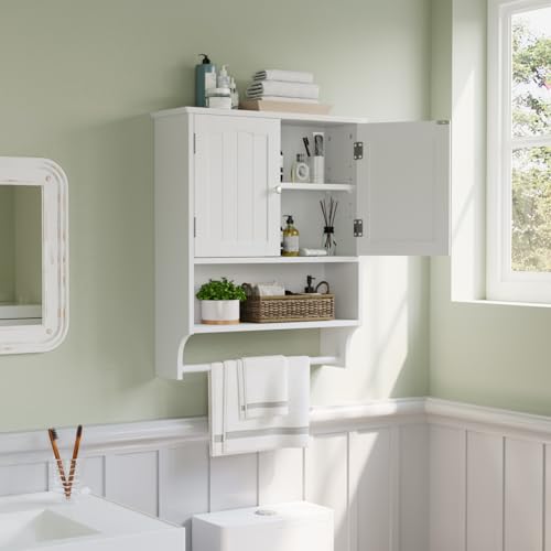 Smuxee White Bathroom Cabinet Wall Mounted with Towels Bar, Bathroom Medicine Cabinet with 2 Door Adjustable Shelves, Over Toilet Cabinet for Bathroom Laundry Room Kitchen - color: White Big With Towels Bar