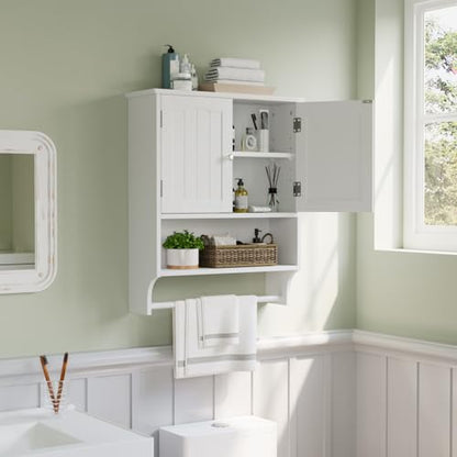 Smuxee White Bathroom Cabinet Wall Mounted with Towels Bar, Bathroom Medicine Cabinet with 2 Door Adjustable Shelves, Over Toilet Cabinet for Bathroom Laundry Room Kitchen - color: White Big With Towels Bar