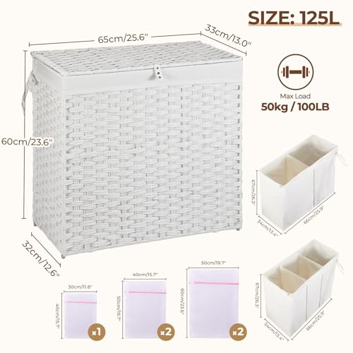 Greenstell Laundry Hamper with Lid, 125L Wicker Laundry Baskets with 2 Removable Liner Bags & 5 Mesh Laundry Bags, Handwoven Rattan Clothes Hamper with Handles for Clothes in Bathroom, Bedroom - color: Light White