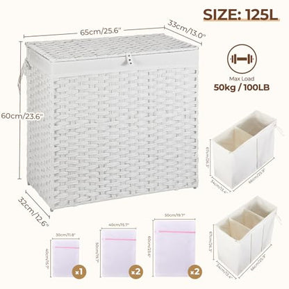 Greenstell Laundry Hamper with Lid, 125L Wicker Laundry Baskets with 2 Removable Liner Bags & 5 Mesh Laundry Bags, Handwoven Rattan Clothes Hamper with Handles for Clothes in Bathroom, Bedroom - color: Light White