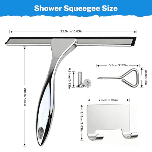 All-Purpose Stainless Steel Squeegee, 10 Inch Silver Shower Squeegee with 1 Adhesive Hooks, Streak-Free Silicone Blade for Shower Door, Window, Car, Tile Wall, Bathroom Household Cleaning Tool