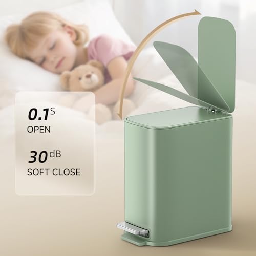 TIPGO Small Bathroom Trash Can with Lid Soft Close,1.3 Gallon, Green | Step Pedal, Removable Inner Bucket, 5 Liter Slim Stainless Steel Garbage Can for Bedroom, Office, Kitchen - color: Green