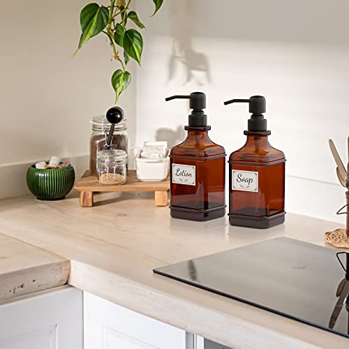 GLADPURE Soap Dispenser 2 Pack, Hand Soap Dispensers with 18 Oz Antique Design Thick Amber Glass Bottle, 316 Rust Proof Stainless Steel Black Pump, 6Pcs Stickers, for Lotion, Soap, Essential Oil - color: Brushed-black