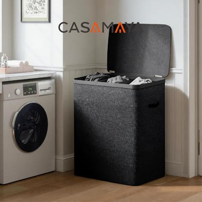 CASAMAYA Laundry Basket with Lid, Laundry Hamper 3 Section, 190L collapsible Laundry Organizer, Easy Assembly,with Handles and Removable Liners, 25.2 x 15.7 x 29.5 Inches, Black JSP904B - color: Black, size: 190L(3-Section)
