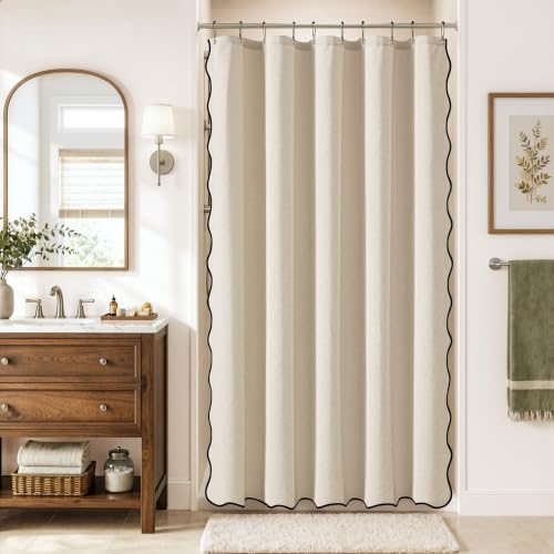 MIULEE Cream Scalloped Linen Shower Curtain 60x72 Inches | Linen Textured, Waterproof, Washable, 10 Metal Hooks, Heavy Duty Cloth, Black Border, Shower Curtain for Bathroom Bathtub - color: Cream, size: 60"W x 72"L (Pack of 1)