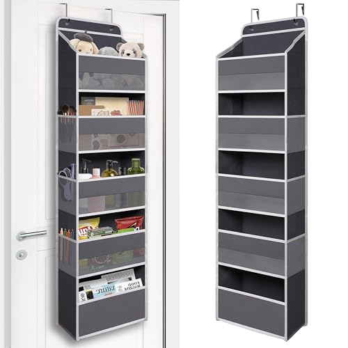 TYMENSH Gray Over Door Organizer with 5 Large Clear Pockets and 6 Side Mesh Pockets, Anti-Tilt Hanging Door Storage for Closet, Bathroom, Bedroom, Dorm, Nursery, Toys - color: Gray