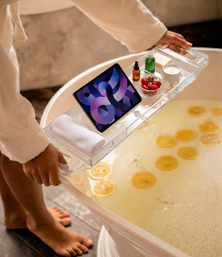 Bathtub Caddy Tray,Adjustable Bathtub Tray Table, Bath Organizer for Relaxing Spa-Features 2 Cup Holders, A Phone Stand with 5 Angle Adjustments,Non-Slip Silicone Pads,Won't Get Moldy,Easy to Clean.