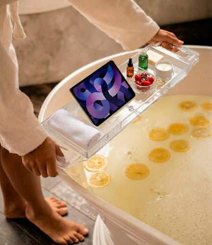 Bathtub Caddy Tray,Adjustable Bathtub Tray Table, Bath Organizer for Relaxing Spa-Features 2 Cup Holders, A Phone Stand with 5 Angle Adjustments,Non-Slip Silicone Pads,Won't Get Moldy,Easy to Clean.