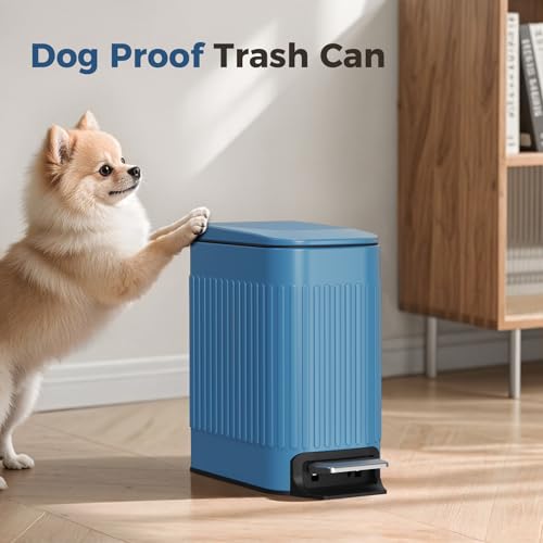 TrashAid Slim Bathroom Trash Can with Lid Soft Close & Pedal, 1.6Gal, Blue | Removable Inner Bucket, Stainless Steel Garbage Can, Small Wastebasket for Toilet/Office/Bedroom, Retro Design, Odor Control - color: Blue