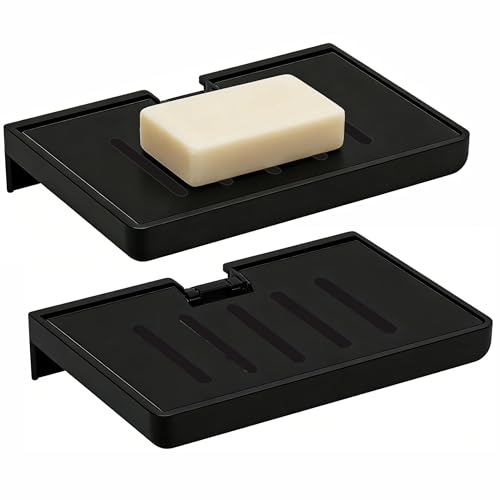 SUOXING 2 Pack Bar Soap Holder for Shower Wall,Self Draining Adhesive Soap Holder,Rustproof Wall Mounted Acrylic Shower Soap Rack & Caddy for Bathroom,Bath,Kitchen,No Drilling PlasticSoap Shelf,Black - color: Black