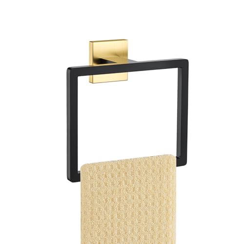Black and Gold Towel Ring Square Hand Towel Holder Towel Hanger Bathroom Hardware Accessories Stainless Steel Wall-Mounted Towel Rack - color: Black&gold, size: 1 Pc