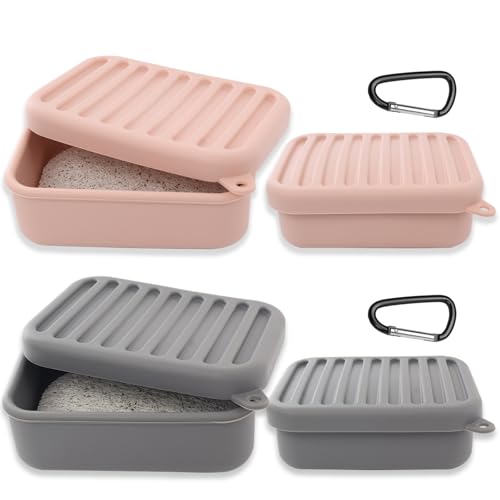 2PCs Silicone Travel Soap Case with Lid & Drain Tray, Leakproof, for Travel | Food-grade silicone, Leakproof seal, Built-in hook, Removable drain pad doubles as soap holder, For gym, travel, camping - color: Pinkgrey