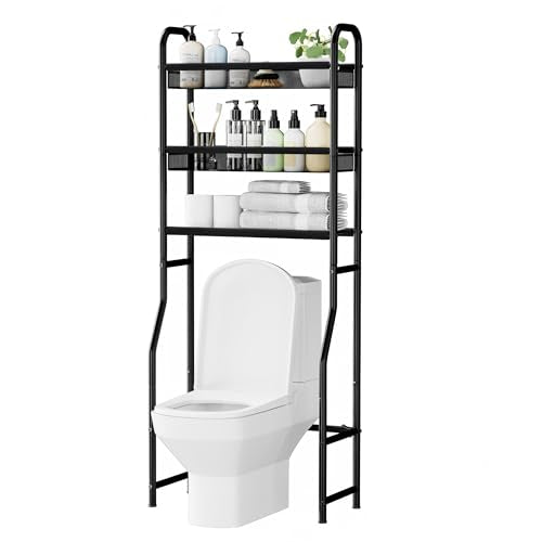 3 Tier Over The Toilet Storage Shelf, Black Bathroom Over The Toilet Storage Rack, Space Saving Above Toilet Storage Shelf with Vinyl Mesh Surface, Bathroom Toilet Shelf Rack Organizer