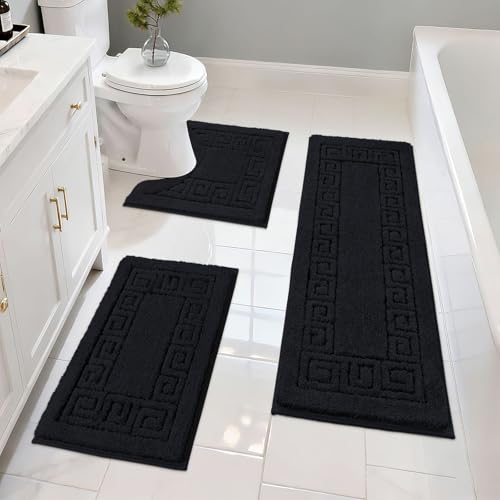 Pauwer Bathroom Rugs Sets 3 Piece, Plush Absorbent Bath Rug, Black | Microfiber Bath Mat Set, Non Slip Washable, Quick Dry Floor Carprt, Soft U Shaped Toilet Mats For Bathroom Shower Sink - color: Black
