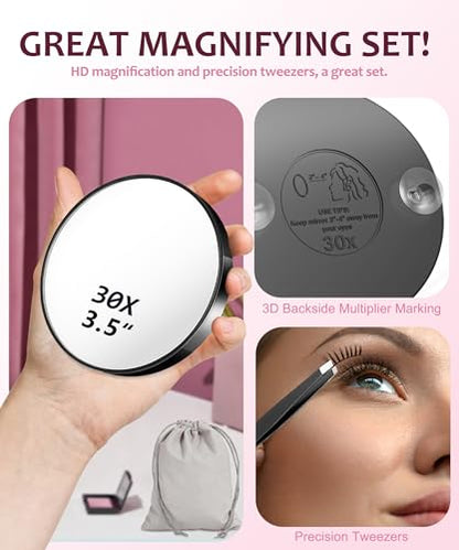 Magnifying Mirror 20X&30X&40X 3Packs with Tweezer and Suction Cups Set, 3.5 Inches Compact Travel Magnified Mirror-Black - color: Black