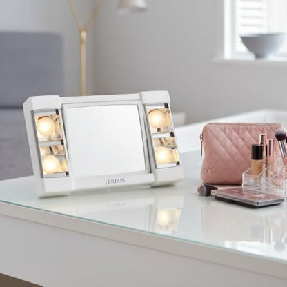JERDON Lighted Makeup Mirror with 3X Magnification - White - J1010 | Two-Sided 6" x 6" Square Frame, Glare-Free Lighting